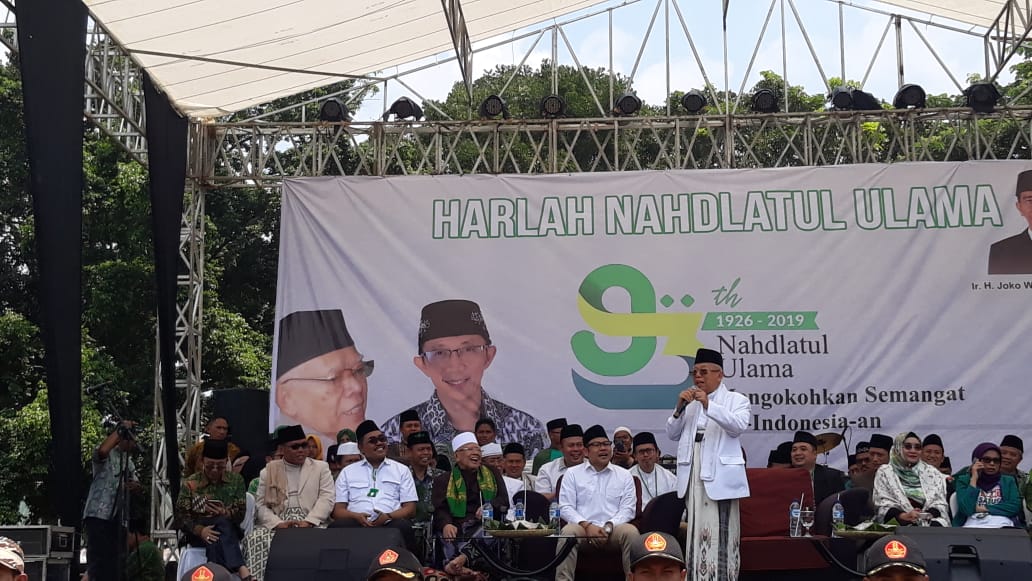 Calon Wakil Presiden (Cawapres) RI nomor urut 01, KH Maruf Amin, saat hadir dalam Harlah ke-93 NU di Kabupaten Cianjur. Foto: Dara.co.id/Purwanda