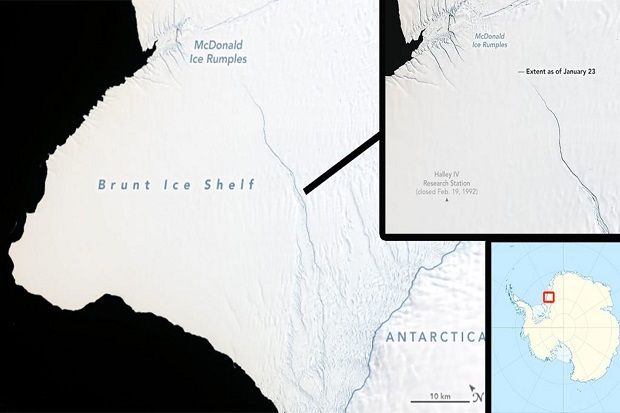 Gunung es raksasa seukuran dua kali Kota New York di Brunt Ice Shelf di Antartika terancam terlepas. Foto/NASA/Sindonews)