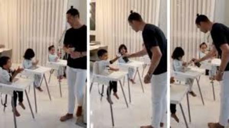 
Cristiano Ronaldo mengajari anak-anaknya cuci tangan (Foto : istagram Ronaldo/detik.com)
