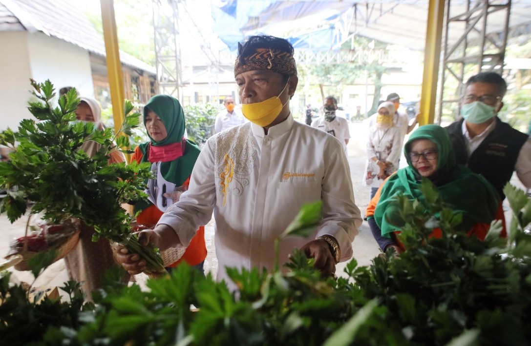 Bupati Bandung, H. Dadang M. Naser saat meninjau gelar produk komoditas pertanian di depan Kantor Distan Kabupaten Bandung, Soreang, Rabu (1/4/2020). (Foto: Humas Setda Kabupaten Bandung)