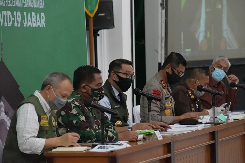 Gubernur Jawa Barat, Ridwan Kamil memimpin rapat koordinasi penanggulangan penyebaran Covid-19, belum lama ini. (Foto : Humas Pemprov Jabar)