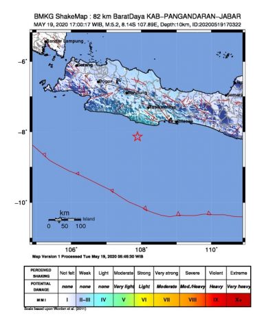 Lokasi gempa Pangandaran Selasa (19/5/2020) sore. (BMKG)

