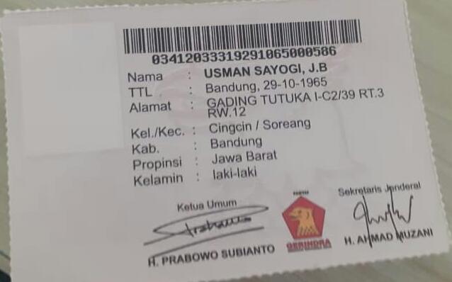 Beredat foto kartu keanggotaan Partai Gerindra atas nama Usman Sayogi. (Ist)