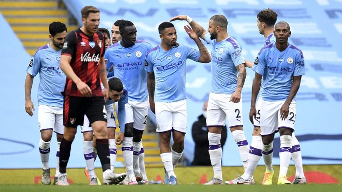 Manchester City memimpin 2-0 atas Bournemouth di babak pertama. (Foto: 2020 Pool via detik.com)