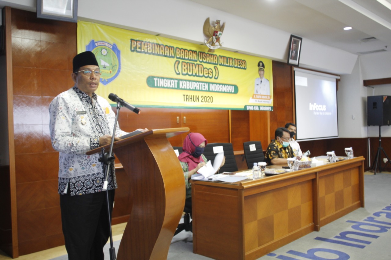 Plt Bupati Indramayu, Taufik Hidayat saat memberikan sambutan dalam kegiatan Pembinaan dan Pelatihan BUMDes se-Kabupaten Indramayu, Kamis (13/8/2020) di Aula Bank Bjb Kabupaten Indramayu. (Foto: Yohanes Charles/dara.co.id)