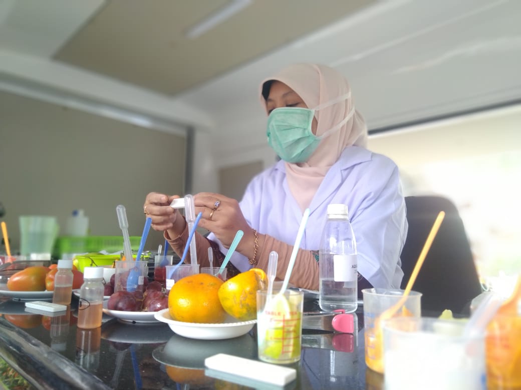 Seorang petugas dari Dinas Ketahanan Pangan (DKP) Kabupaten Garut melakukan rapid test terhadap buah lemon dan buah-buahan lainnya, Sabtu (28/11/2020).(andre/dara.co.id)