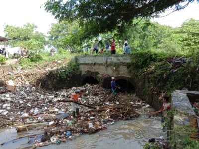 Personil Bidang SDA Dinas PUPR Kabupaten Cirebon sedang membersihkan tumpukan sampah di gorong gorong jembatan saluran anak agung, wilayah timur (Foto: Bambang Setiawan/dara.co.id)
