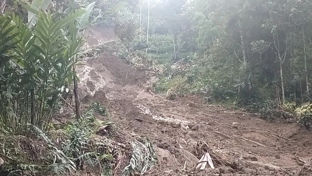 Tebing setinggi 70 meter di Kampung Babakan Cingkeuk, Dusun Cibitung Muara, Desa Cibokor, Kecamatan Cibeber, Kabupaten Cianjur, Jawa Barat longsor dan menerjang pemukiman yang ada di bawahnya, Jumat (4/6/2021). (Foto : purwanda/dara.co.id)