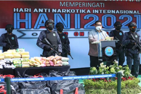 BNN gelar pemusnahan barang bukti dalam puncak peringatan Hari Anti Narkotika Internasional (HANI) 2021.(Foto:BNN RI)