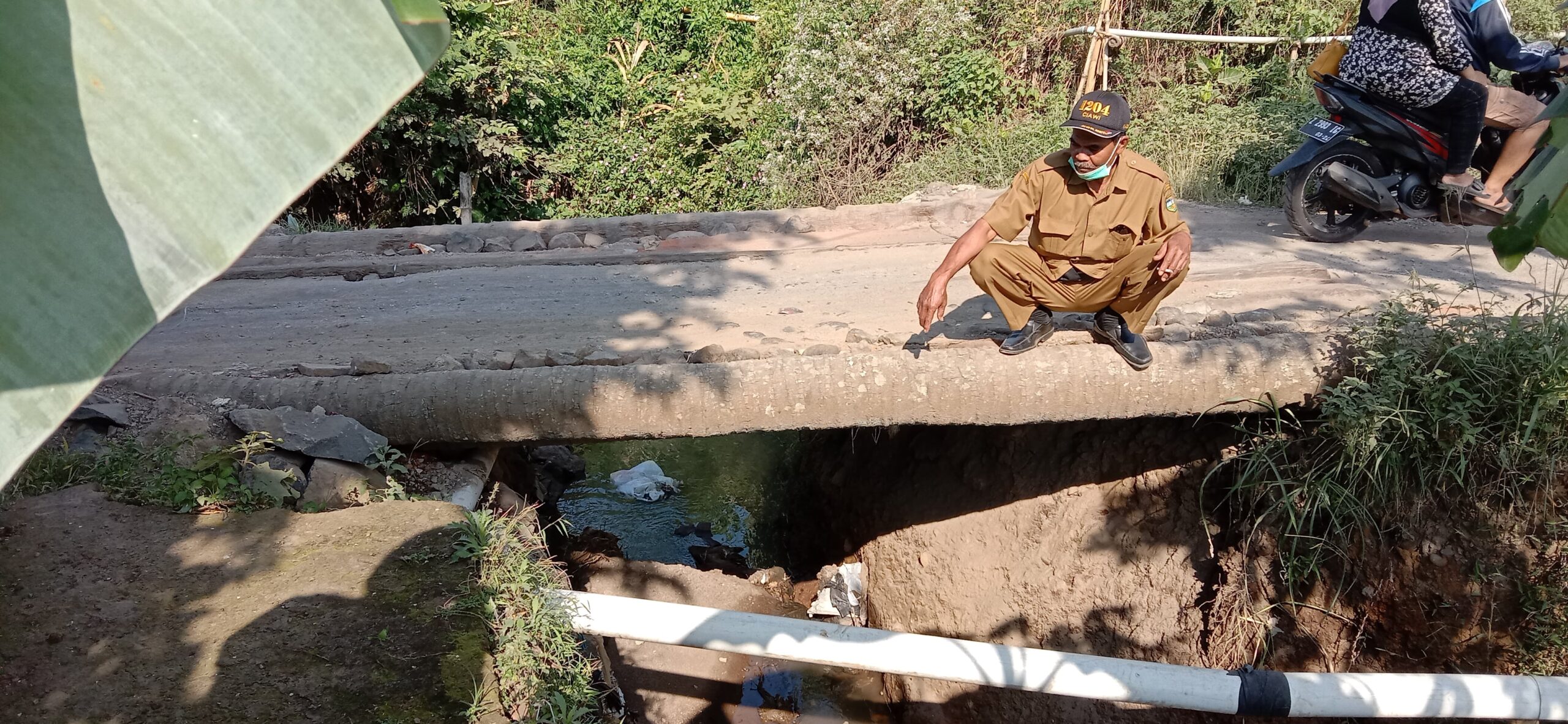 Kades Margasari Kec. Ciawi Kab. Tasikmalaya, Komarudin, saat menunjukan jembatan yang terbuat dari batang pohon kelapa (foto: Nanang Yudi/dara.co.id)