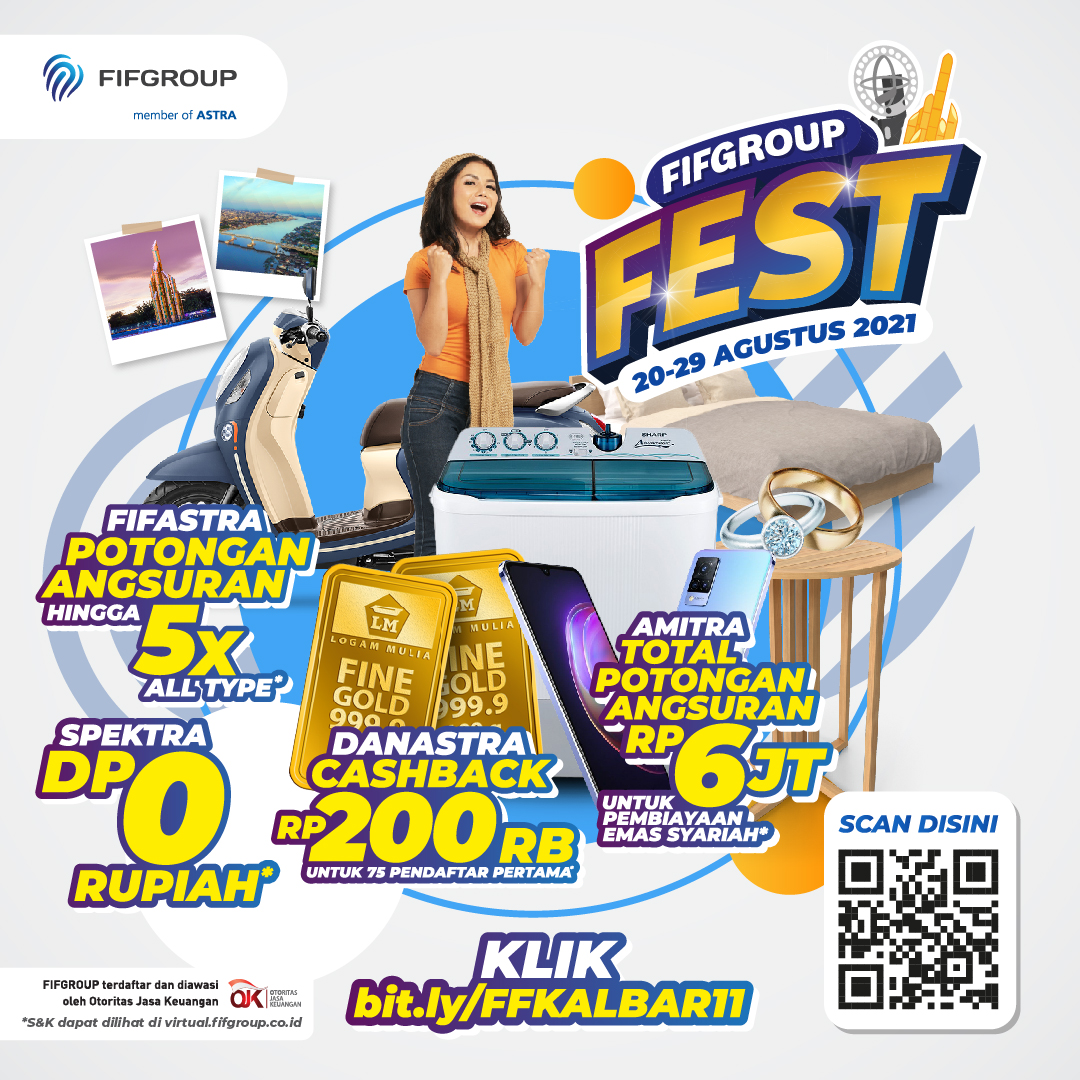 Seluruh brand service FIFGROUP menghadirkan berbagai macam promo dan hadiah spesial khusus untuk warga Pontianak mulai dari pembiayaan sepeda motor Honda (FIFASTRA), pembiayaan produk rumah tanggan dan alat elektronik (SPEKTRA), pembiayaan multiguna (DANASTRA), dan pembiayaan syariah (AMITRA)