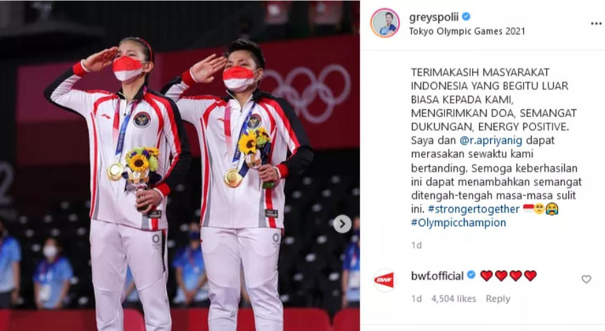 Pasangan ganda putri Greysia Polii dan Apriyani Rahayu, yang sukses meraih medali emas bulutangkis di Olimpiade Tokyo 2020. (Foto: Instagram @greyspolii).
