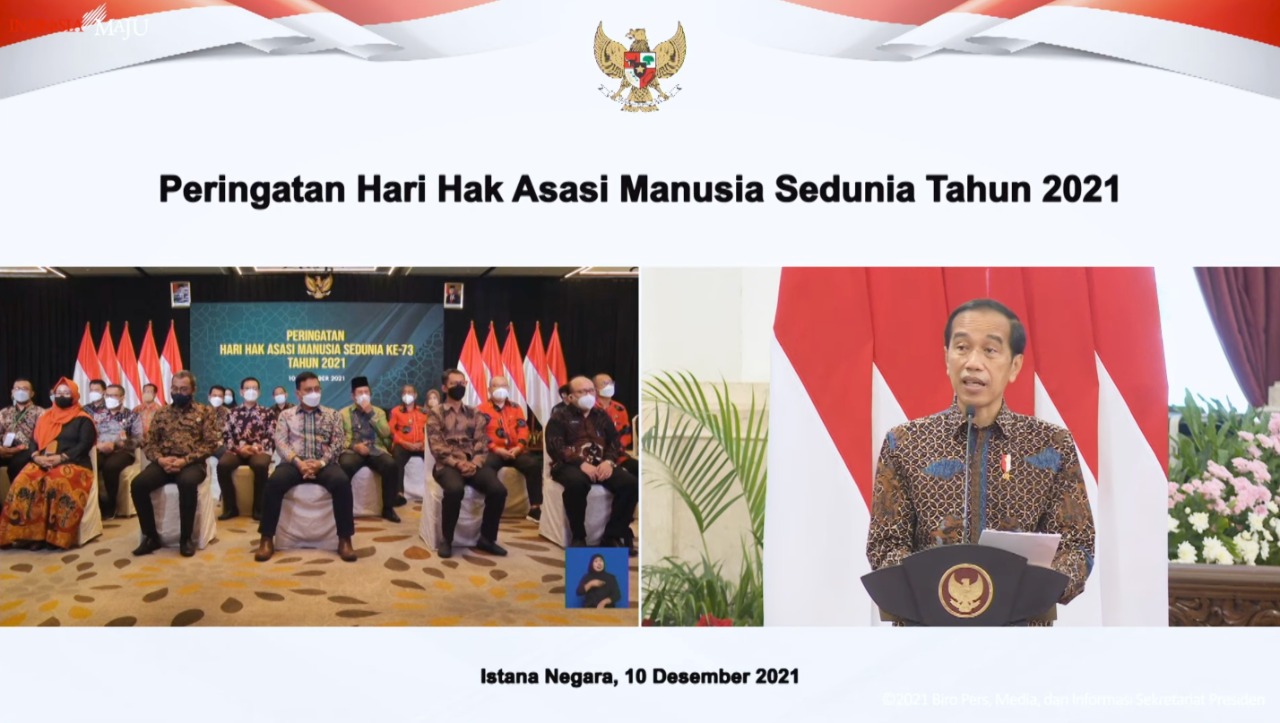 Sambutan Presiden Jokowi pada Peringatan Hari HAM Sedunia Tahun 2021, di Istana Negara, Jakarta, Jumat (10/12/2021). (Sumber: Tangkapan Layar/Setkab)