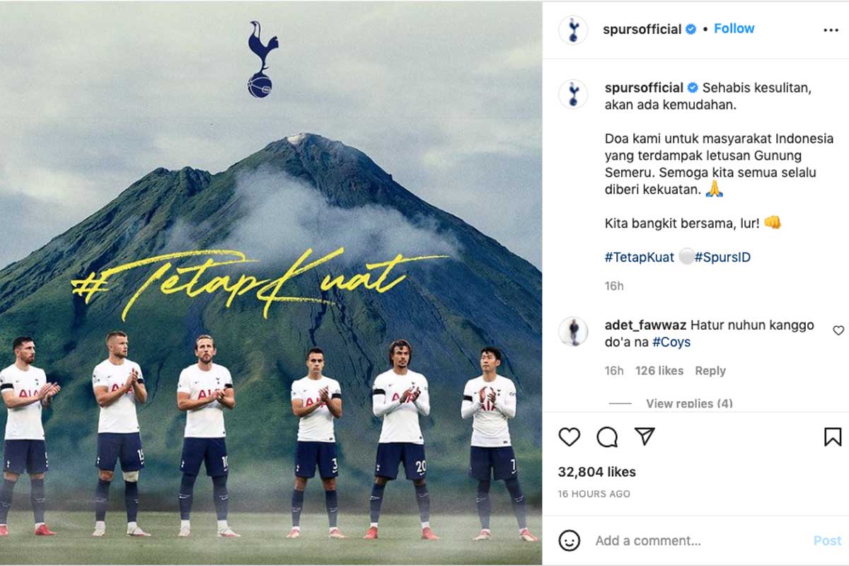 
Ucapan bela sungkawa dari Tottenham Hotspur kepada para korban Gunung Semeru di Indonesia (Foto: Instagram)