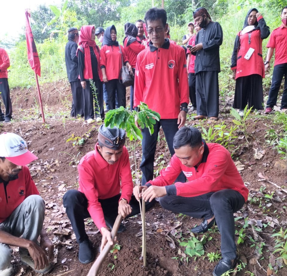 

Ketua DPC PDIP Kota Banjar Nana Suryana, beserta pengurus saat kegiatan penanaman ratusan pohon, Minggu (23/1/2022). (Foto:Istimewa)
