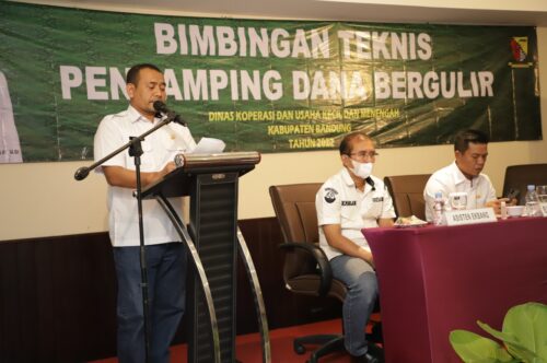  Kepala Dinas Koperasi dan UKM Kabupaten Bandung Dindin Sahidin melaporkan  pelaksanaan Bimtek Tenaga Pendamping Pinjaman Dana Bergulir Tanpa Bunga, di Hotel Sunshine Soreang, Rabu (16/302022). (Porkopim)


