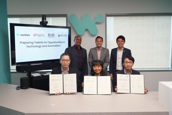 Workato meluncurkan Digital Automation Hub dan menandatangani tiga MOU dengan Singapore Polytechnic, Singapore University of Social Science dan Ngee Ann Polytechnic. Eksekutif searah jarum jam adalah Vijay Tella, Pendiri dan CEO Workato; Tan Kiat How, Menteri Negara Komunikasi dan Informasi Singapura; Allan Teng, Pendiri dan Direktur Pelaksana Workato Asia Pasifik dan Jepang; Allan Chia Beng Hock, Dekan, School of Business of Singapore University of Social Sciences; Tan Yen Yen, Direktur Senior, Bisnis dan Kreatif dari Politeknik Singapura; dan William Lim, Direktur Yang Ditunjuk, Sekolah Bisnis dan Akuntansi Ngee Ann Polytechnic (Foto: Istimewa)