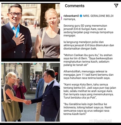 Gubernur Ridwan Kamil membeberkan jasad anak sulungnya, Emmeril Kahn Mumtadz atau Eril, ditemukan oleh seorang guru sekolah dasar bernama Geraldine Beldi. (Foto: @ridwankamil)

