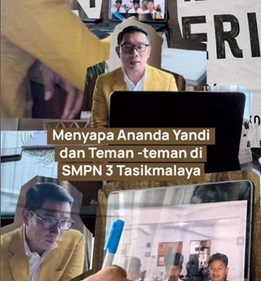 
Gubernur Jawa Barat Ridwan Kamil melakukan video call di Hotel Mulia Jakarta dengan siswa kelas 8B SMPN 3 Kota Tasikmalaya.(Foto:jabarprov.co.id) 
