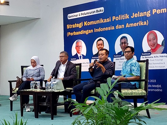 Program Studi Ilmu Komunikasi Universitas Paramadina melalui Paramadina Communication Institute (PCI) membuat forum seminar & peluncuran buku dengan tema “Strategi Komunikasi Politik Jelang Pemilu 2024”. (Foto: Ist)
