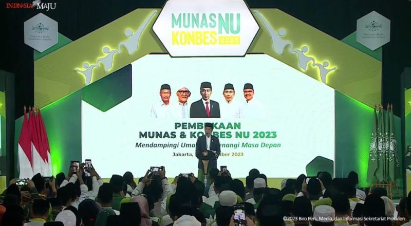 Presiden Jokowi saat membuka Munas-Konbes NU 2023, Senin (18/09/2023), di Jakarta. (Sumber: Tangkapan Layar/setkab)