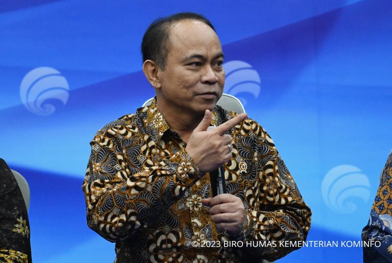 Menkominfo Budi Arie Setiadi dalam Konferensi Pers Awas Hoaks Pemilu! di Media Center Kementerian Kominfo, Jakarta Pusat, Jumat (27/10/2023)(Foto: Kominfo/AYH)