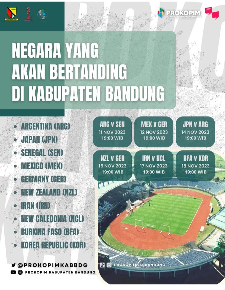 
Jadwal Pertandingan dan Pembagian Grup Piala Dunia U-17 yang bertanding di Stadion si Jalak Harupat, Kabupaten Bandung. (Grafis: IG Prokopim Pemkab Bandung)