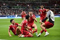 
Selebrasi pemain Timnas Indonesia usai Marselino Ferdinan mencetak gol ke gawang Irak pada pertandingan perdana kedua tim grup D di Ahmad bin Ali Stadium, Al Rayyan, Senin (15/1/2024 ). Indonesia kalah 1-3. (Foto: PSSI)
