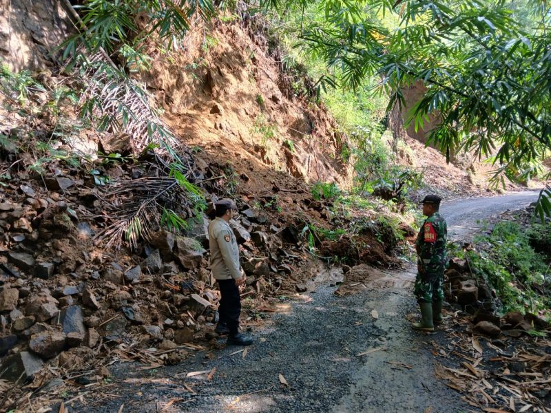 Longsor di Kampung Jengkol Lega, Desa Mekarbakti, Kecamatan Bungbulang, Kabupaten Garut menimbun jalan penghubung desa, sehingga arus lalu lintas sempat terhambat, Senin (22/4/2024)(Foto: Istimewa)