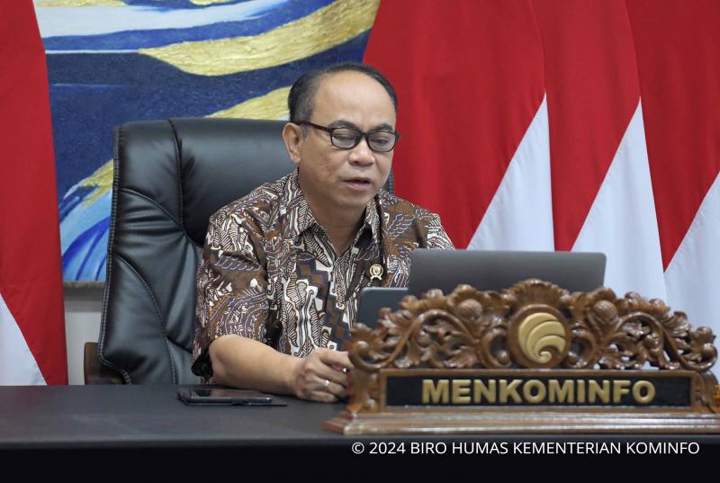 Menteri Komunikasi dan Informatika Budi Arie Setiadi dalam Konferensi Pers Judi Online yang berlangsung secara virtual dari Jakarta Selatan, Jumat (24/05/2024). - (AYH)