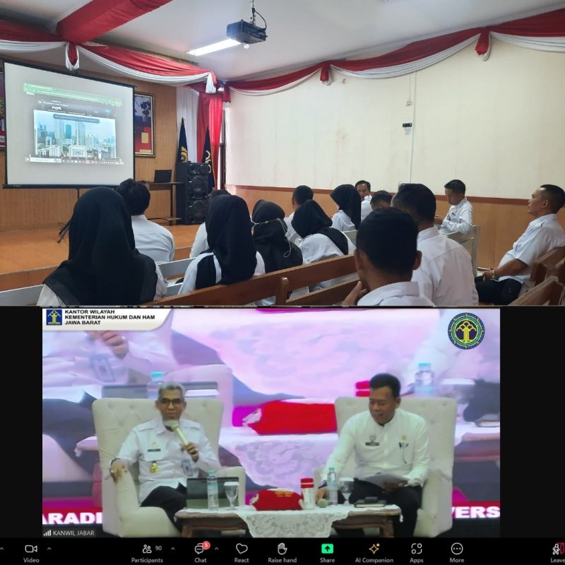 
Petugas Lapas Garut mengikuti kegiatan Sosialisasi Paradigma Baru Corporate University di Kanwil Kemenkumham Jawa Barat secara virtual, Kamis (17/10/2024).(Foto: andre/dara)
