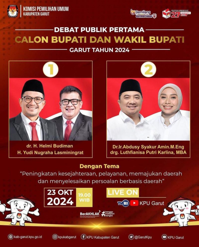 KPU Kabupaten Garut akan menggelar debat publik pertama bagi pasangan calon Bupati dan Wakil Bupati Garut pada Rabu 23 Oktober 2024 (Foto: Istimewa)