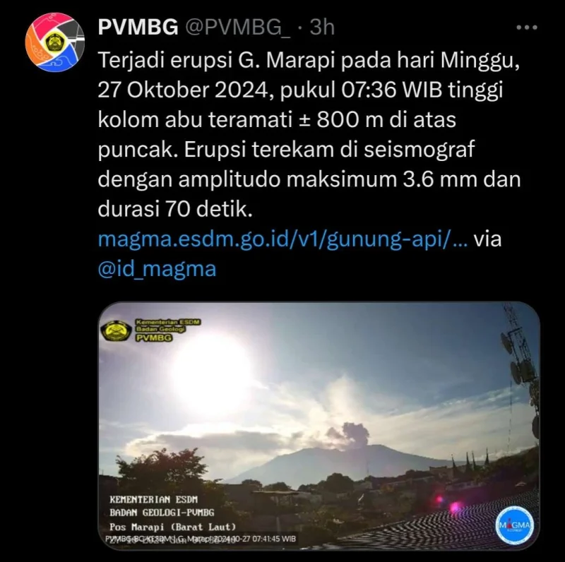 
Gunung Marapi erupsi, Minggu pagi (27/10/2024).(Foto: X PVMBG)